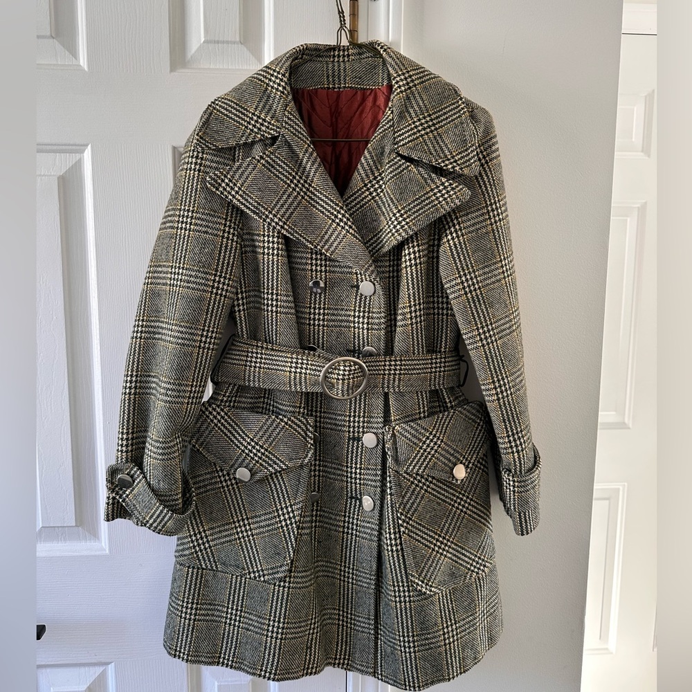 Vintage Belted Double Breasted Glen Check Gray (b&w/marigold) Coat Size Large